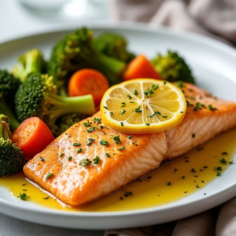 Lemon Ginger Turmeric Roasted Salmon with Crispy Broccoli and Carrots