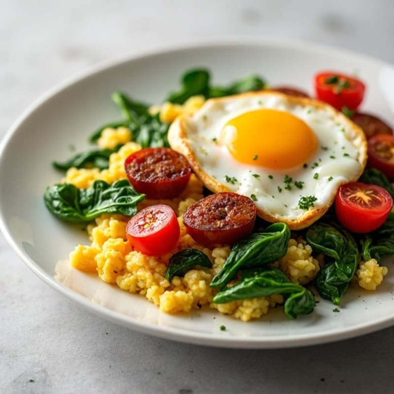 Veggie-Packed Scrambled Eggs with Sautéed Spinach and Chicken Sausage