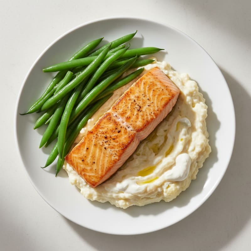 Seared Salmon with Steamed Green Beans and Garlic Mashed Cauliflower