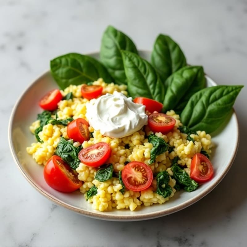 Egg White Spinach Scramble with Cottage Cheese and Cherry Tomatoes
