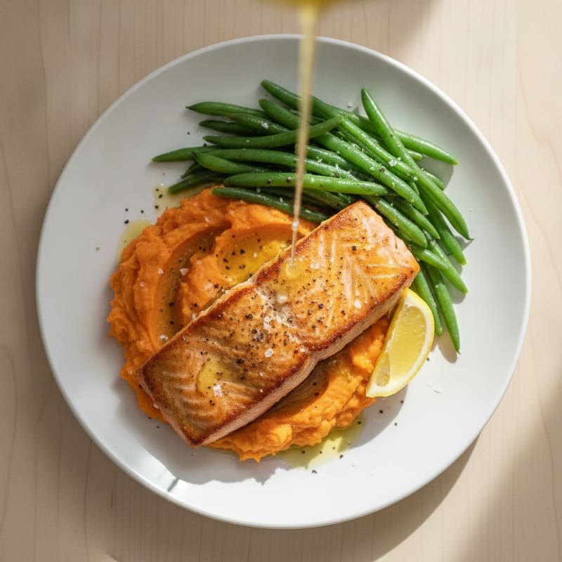 Seared Salmon with Steamed Green Beans and Mashed Sweet Potato