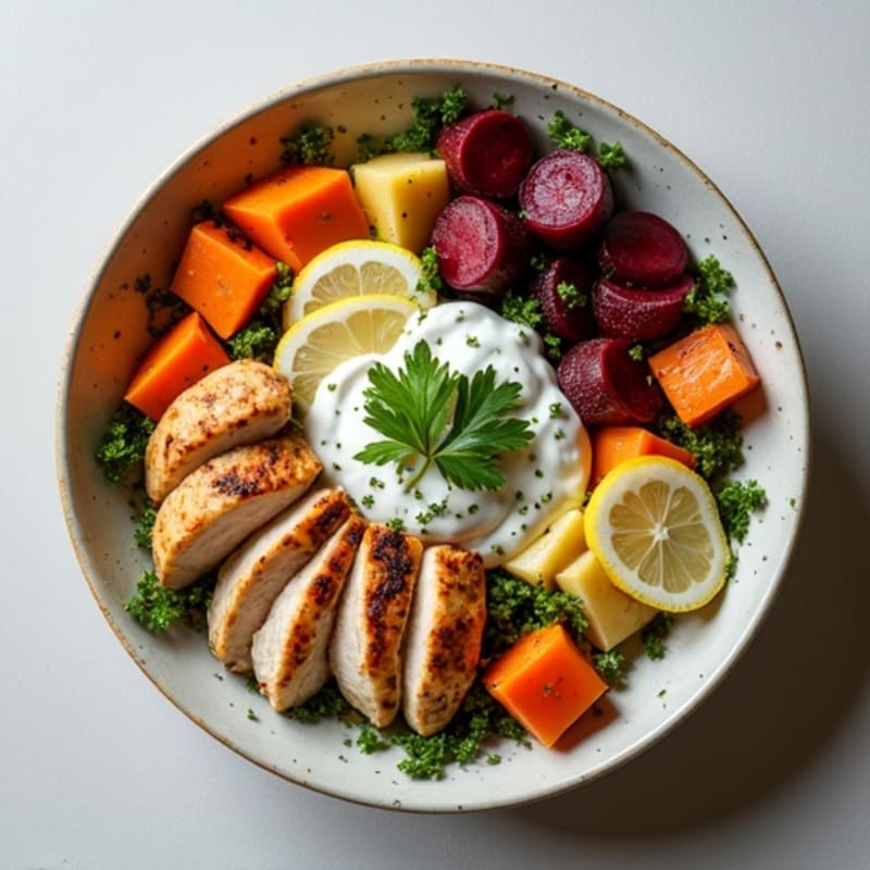 Roasted Chicken and Root Vegetable Bowl with Creamy Lemon Herb Dressing