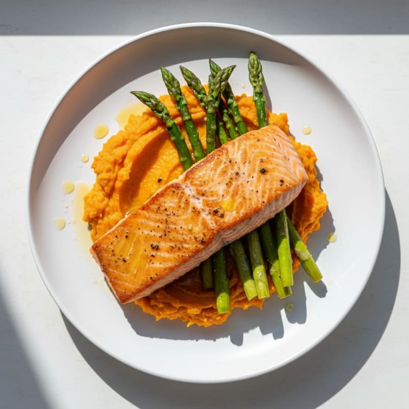 Seared Salmon Fillet with Roasted Asparagus and Sweet Potato Mash