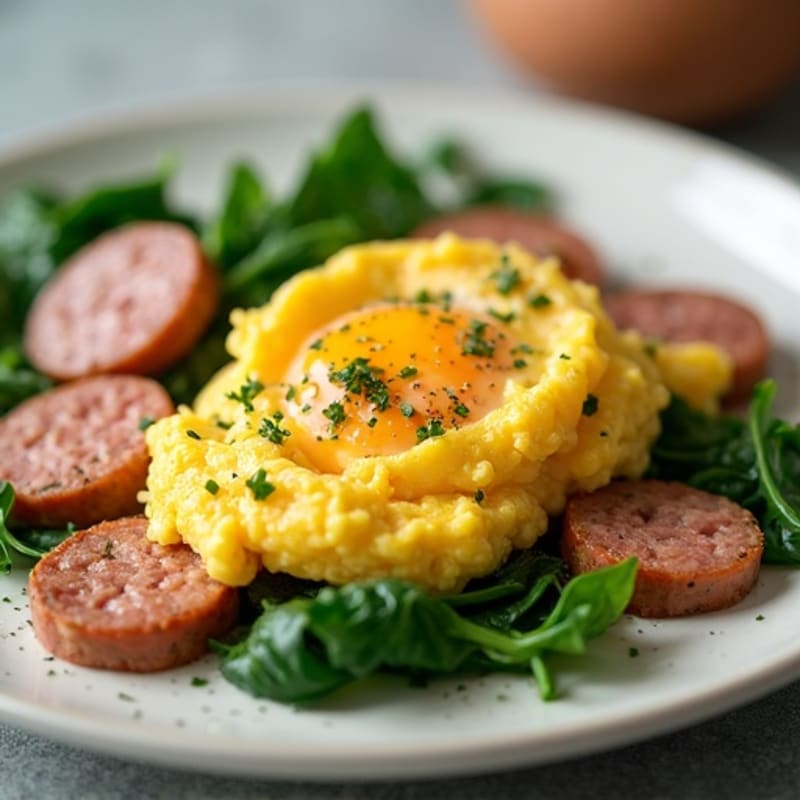 Protein-Packed Scrambled Eggs with Lean Turkey Sausage and Sautéed Greens