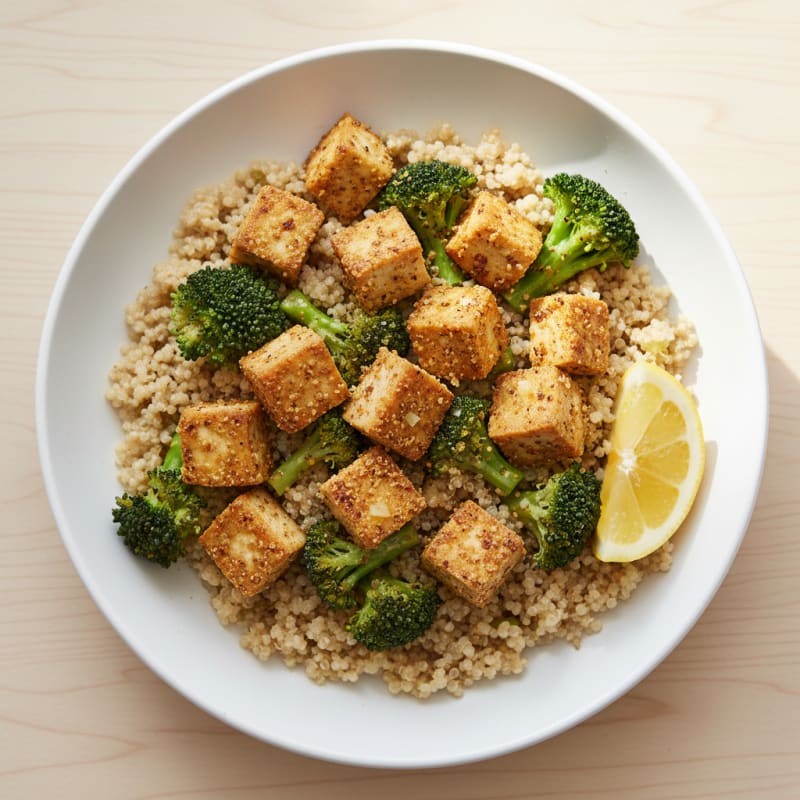 Crispy Tofu and Quinoa Power Bowl with Roasted Broccoli