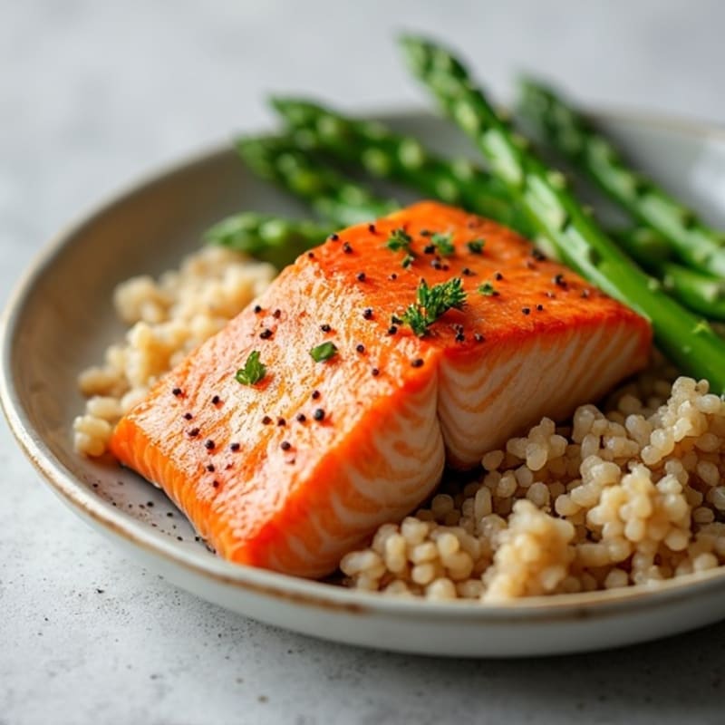 Seared Salmon with Steamed Asparagus and Brown Rice