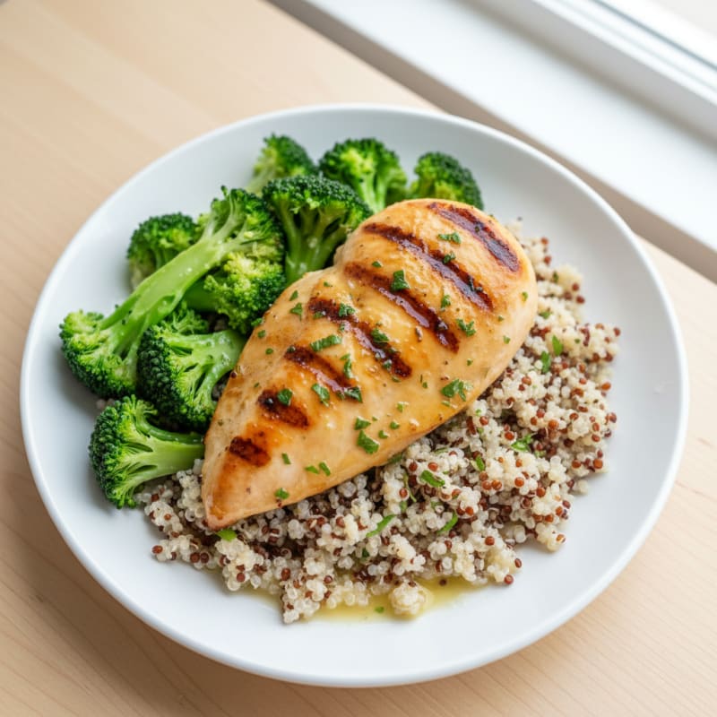 Grilled Chicken Breast with Steamed Broccoli and Quinoa