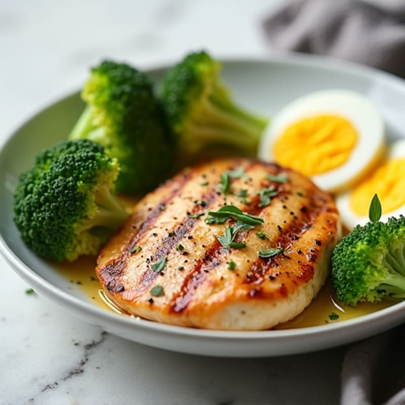 Grilled Chicken Breast with Steamed Broccoli and Sliced Hard-Boiled Eggs