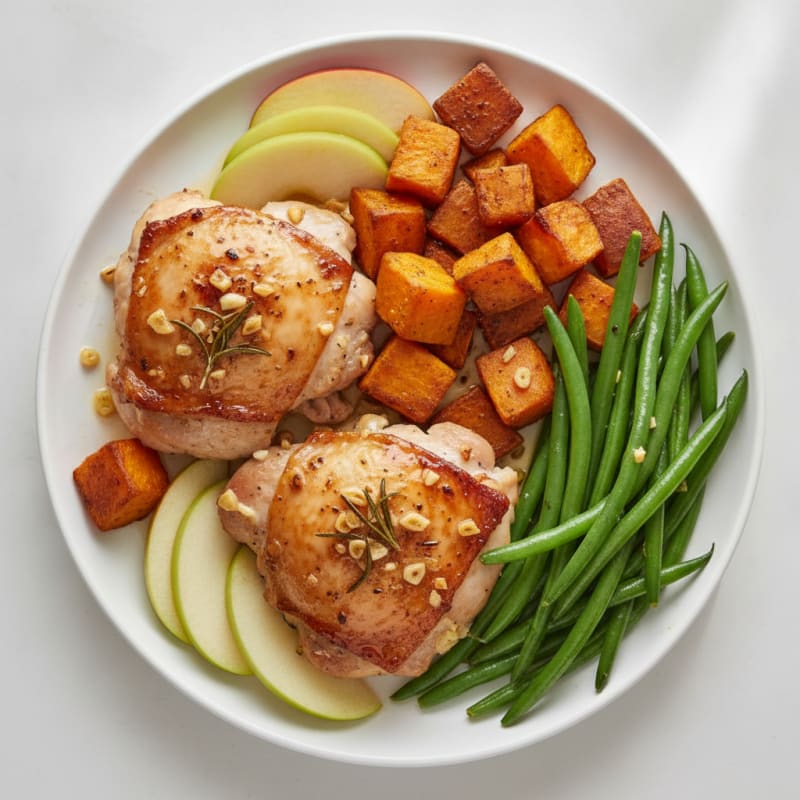 Baked Chicken Thighs with Roasted Sweet Potatoes and Steamed Green Beans