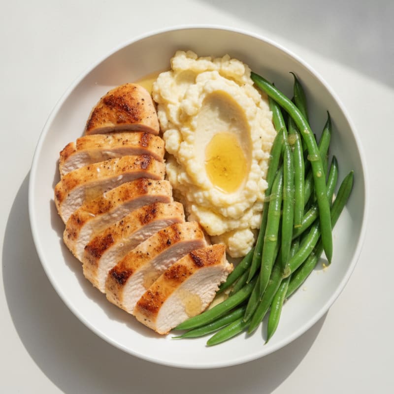 Seared Turkey Breast with Steamed Green Beans and Garlic Mashed Cauliflower
