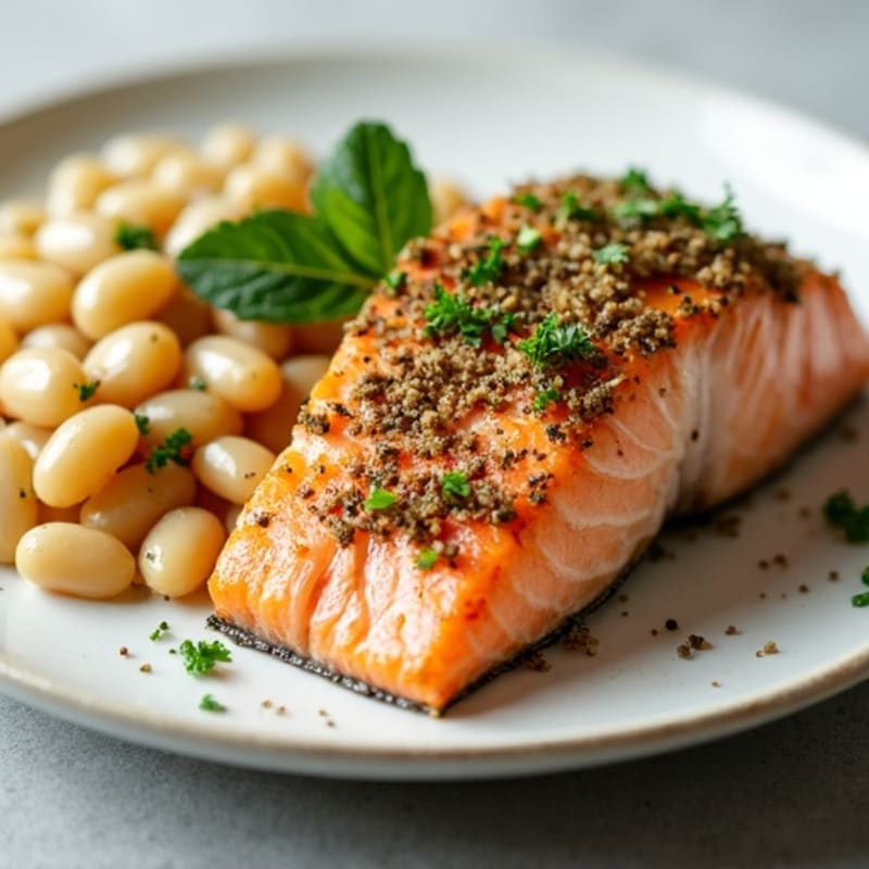 Herb-Crusted Salmon with Garlicky White Beans