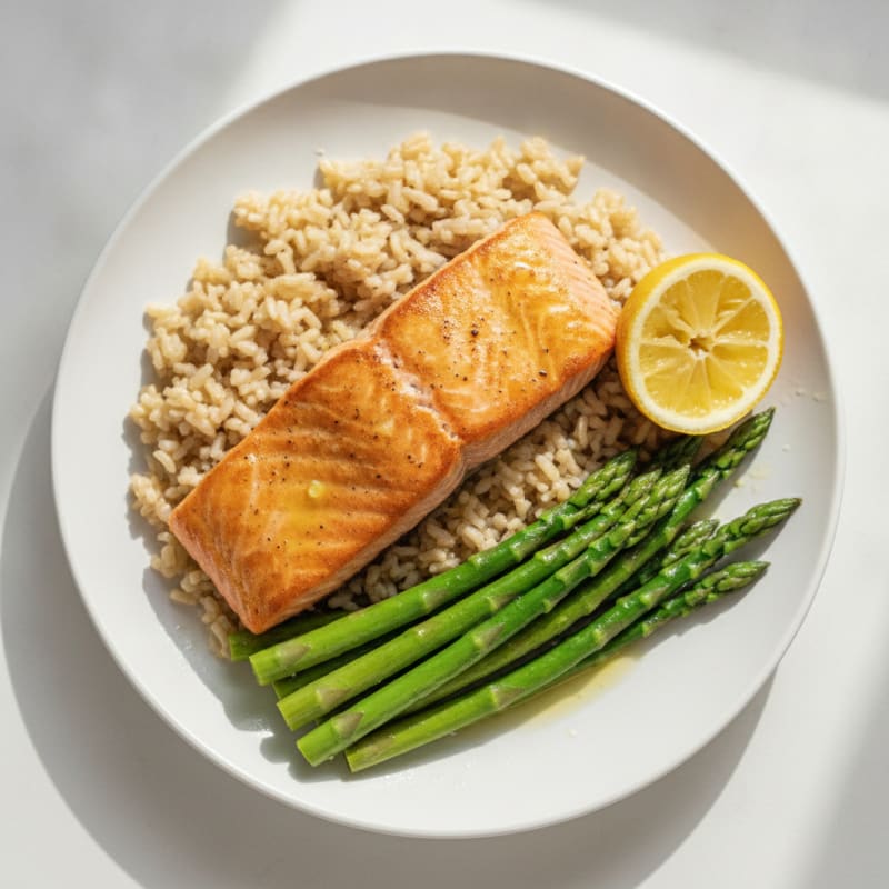 Seared Salmon with Steamed Asparagus and Brown Rice