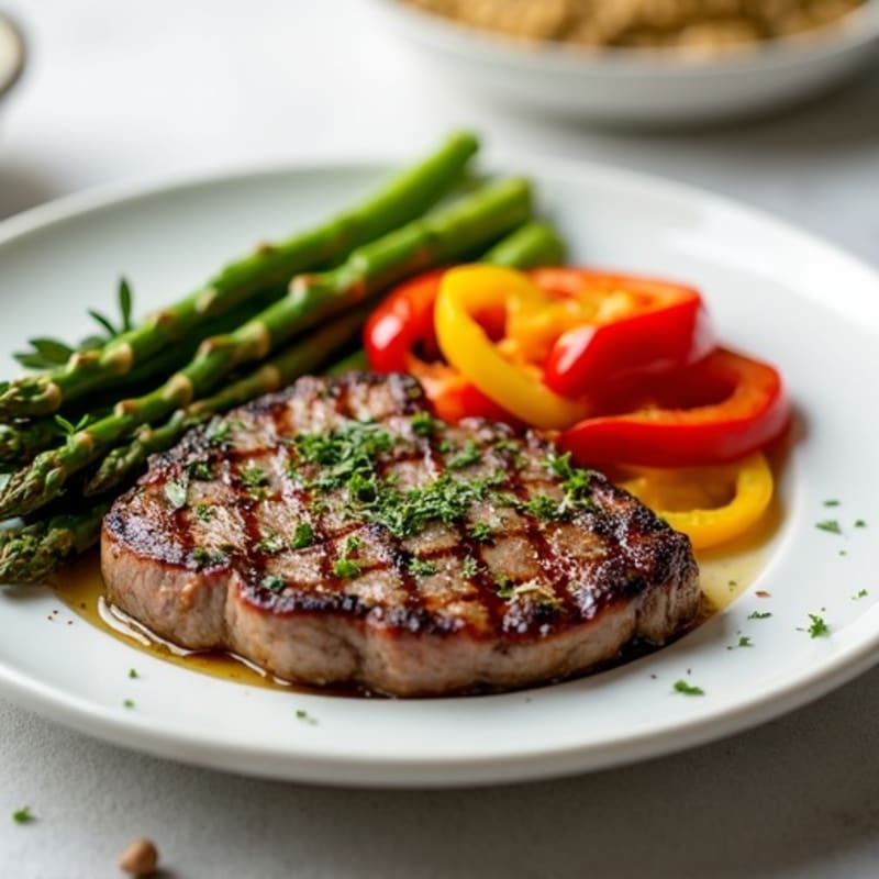 Garlic Herb Seared Steak with Roasted Asparagus and Bell Peppers