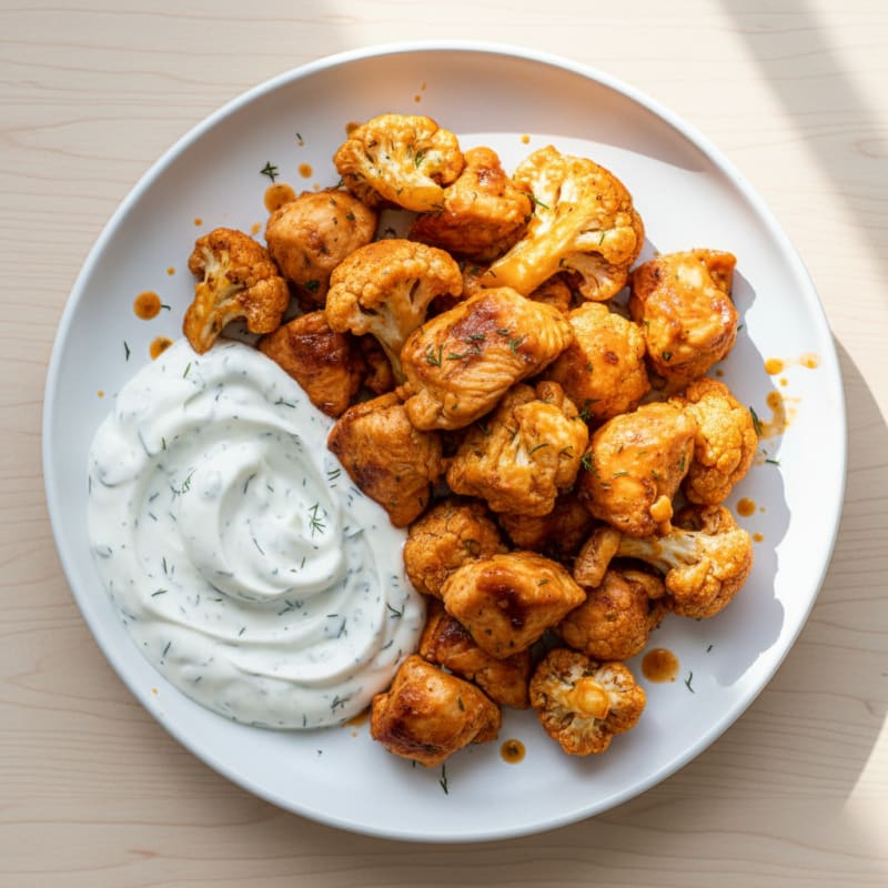 Crispy Buffalo Chicken and Cauliflower Bites with Ranch