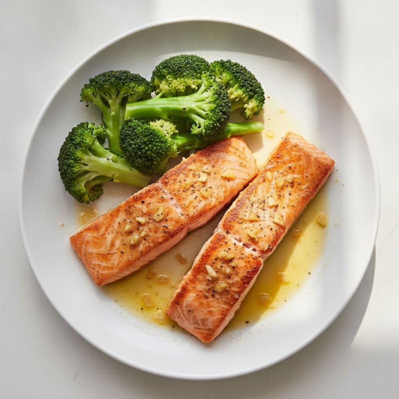 Lemon Garlic Pan Seared Salmon with Steamed Broccoli