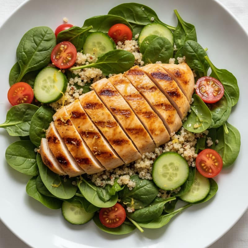 Grilled Chicken and Quinoa Salad with Spinach and Lemon Vinaigrette