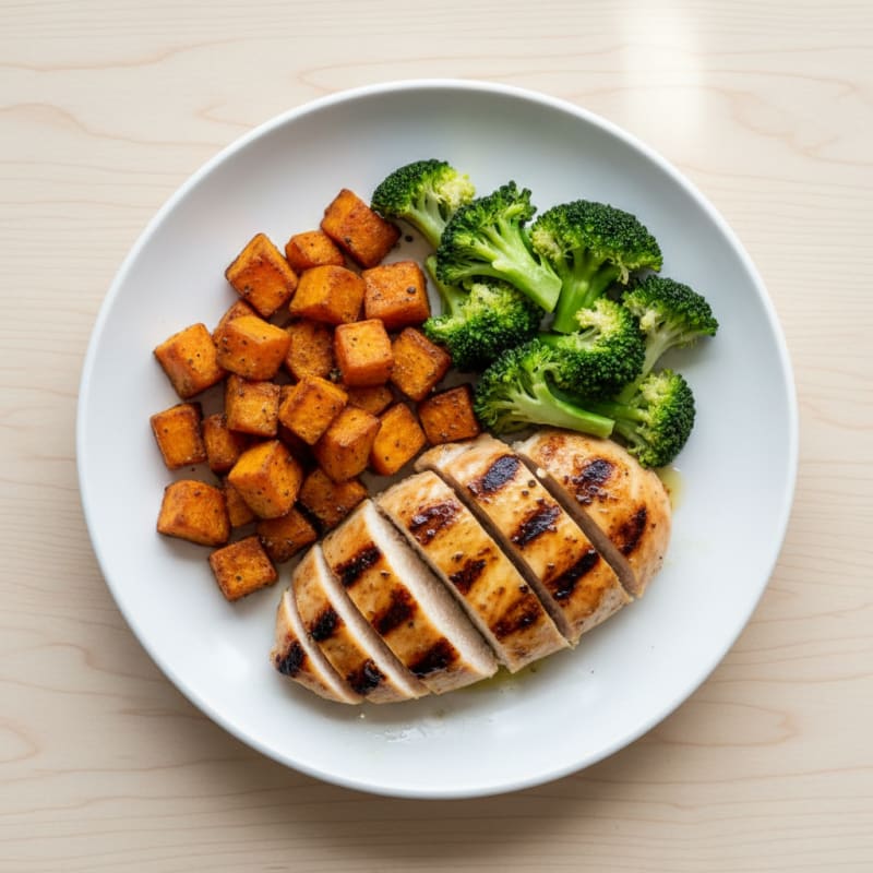 Grilled Chicken Breast with Roasted Sweet Potatoes and Steamed Broccoli