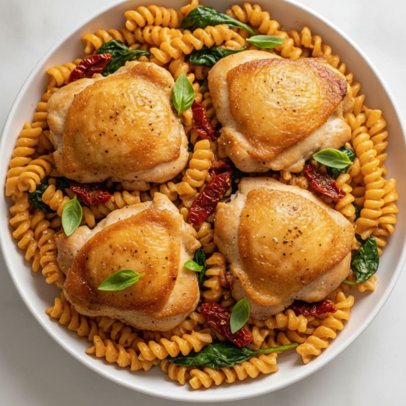 Chicken Thighs with Sun-Dried Tomato Pasta