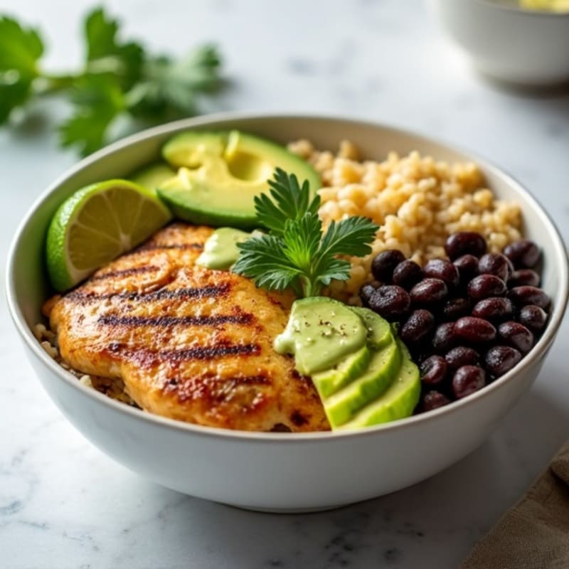 Chicken and Black Bean Rice Bowl with Creamy Avocado Dressing