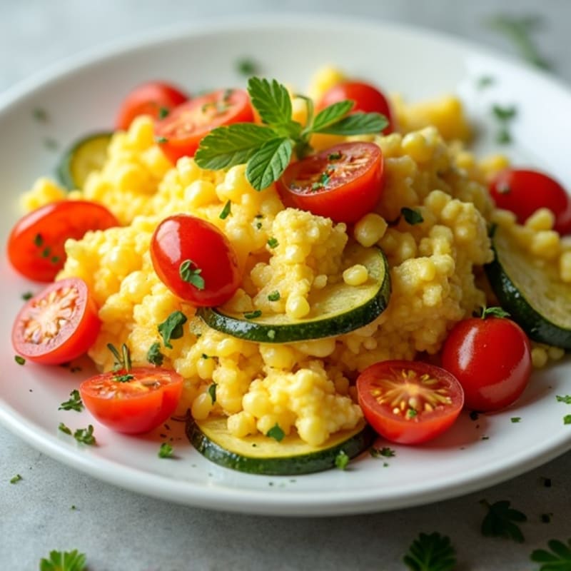 Fluffy Scrambled Eggs with Fresh Herbs and Roasted Vegetables