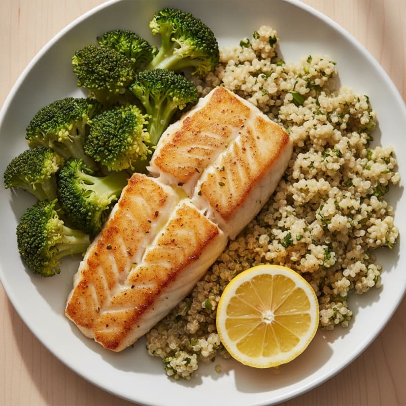 Seared Cod with Steamed Broccoli and Garlic Quinoa