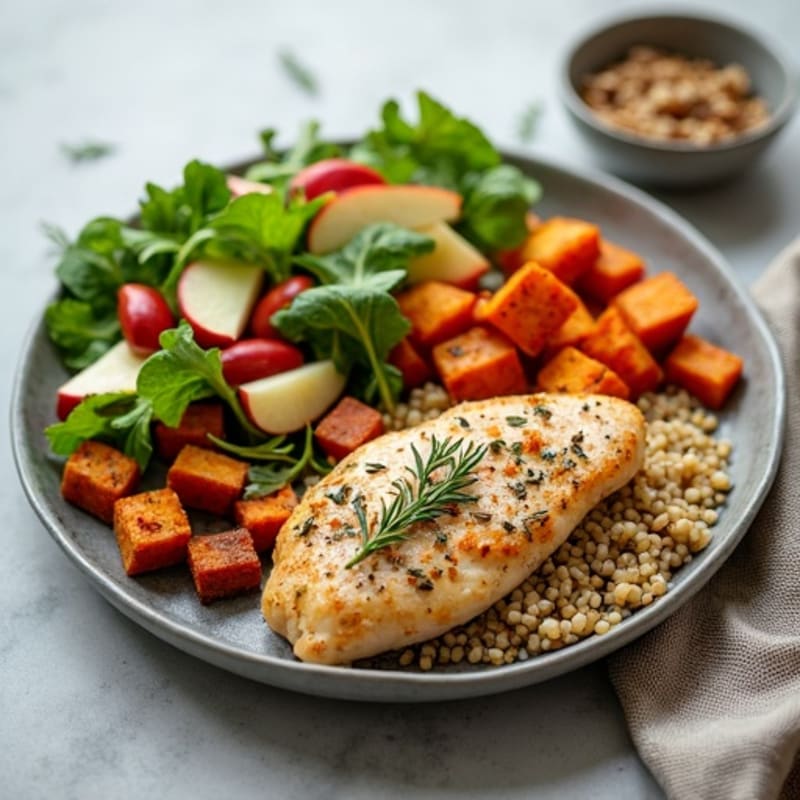 Herb-Roasted Chicken with Quinoa, Roasted Sweet Potatoes, and Crunchy Apple Salad