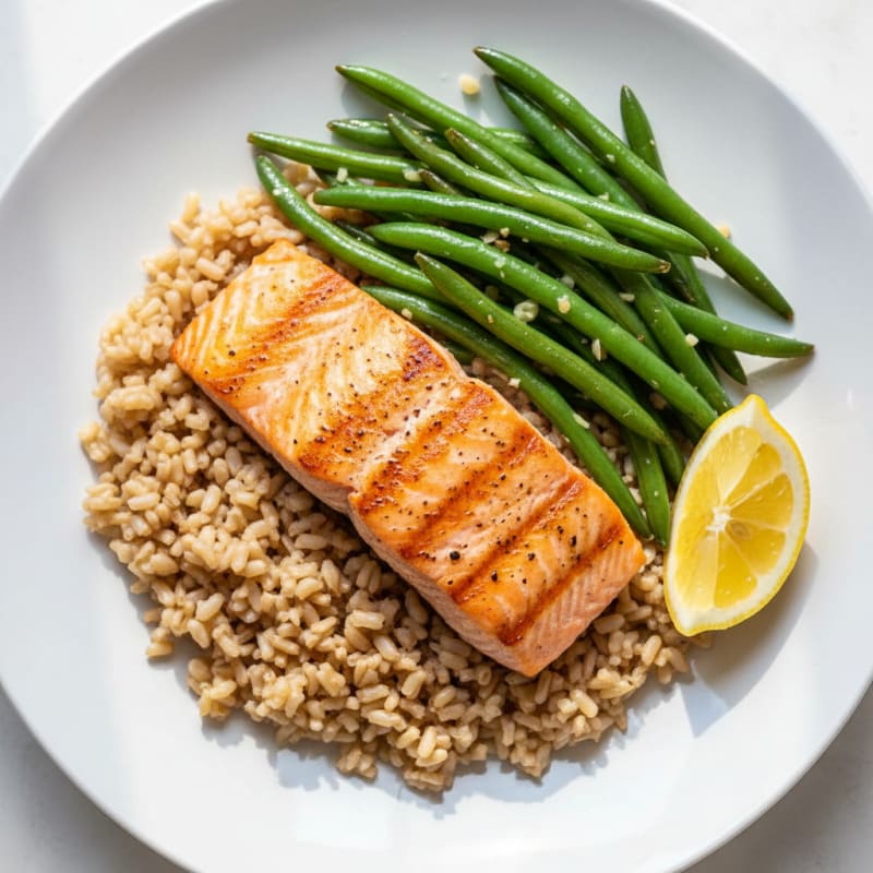 Seared Salmon with Garlic Green Beans and Brown Rice