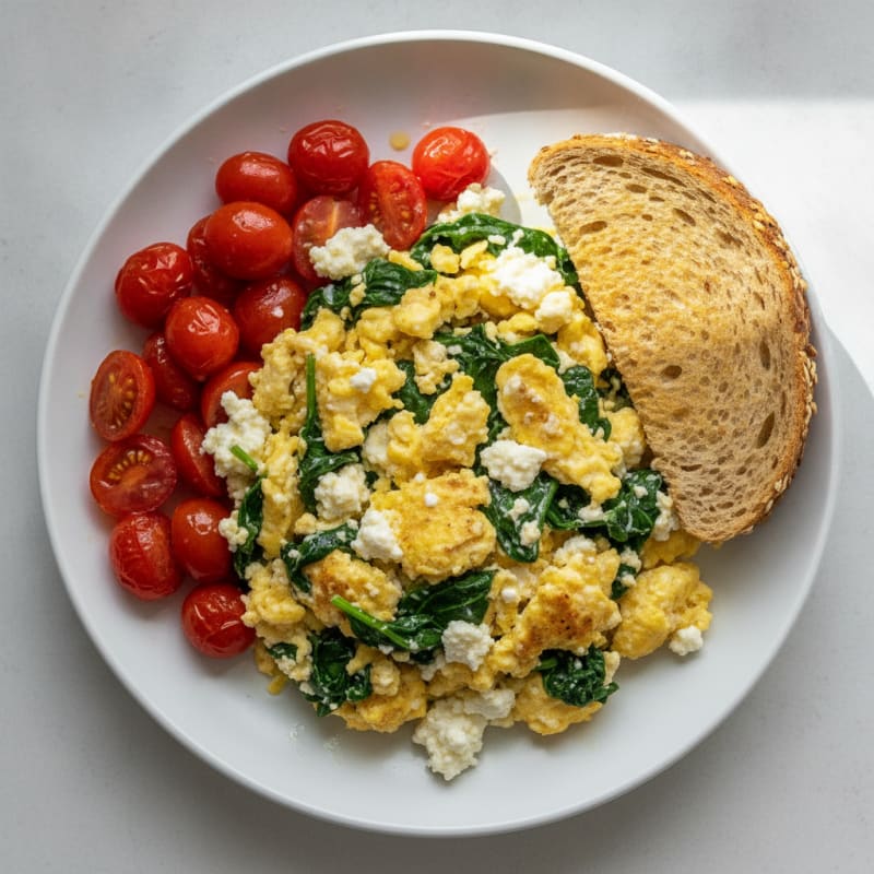 Cottage Cheese Egg Scramble with Sautéed Spinach and Cherry Tomatoes