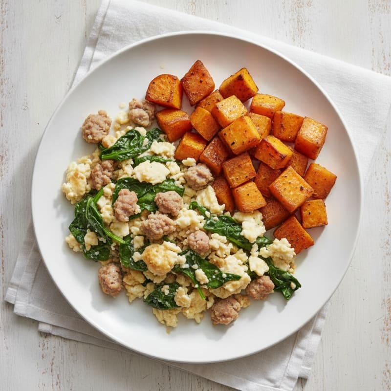 Egg White and Turkey Sausage Scramble with Spinach and Roasted Sweet Potatoes