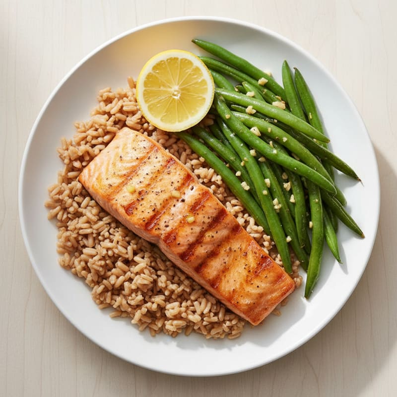 Seared Salmon Fillet with Garlic Green Beans and Brown Rice