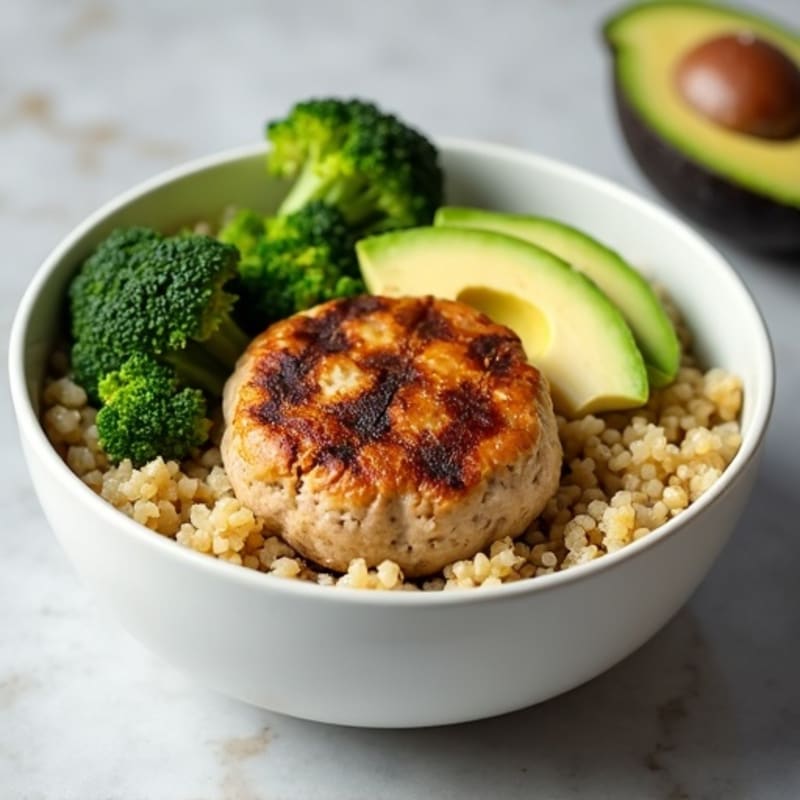 Grilled Turkey Burger Bowl with Quinoa and Roasted Broccoli