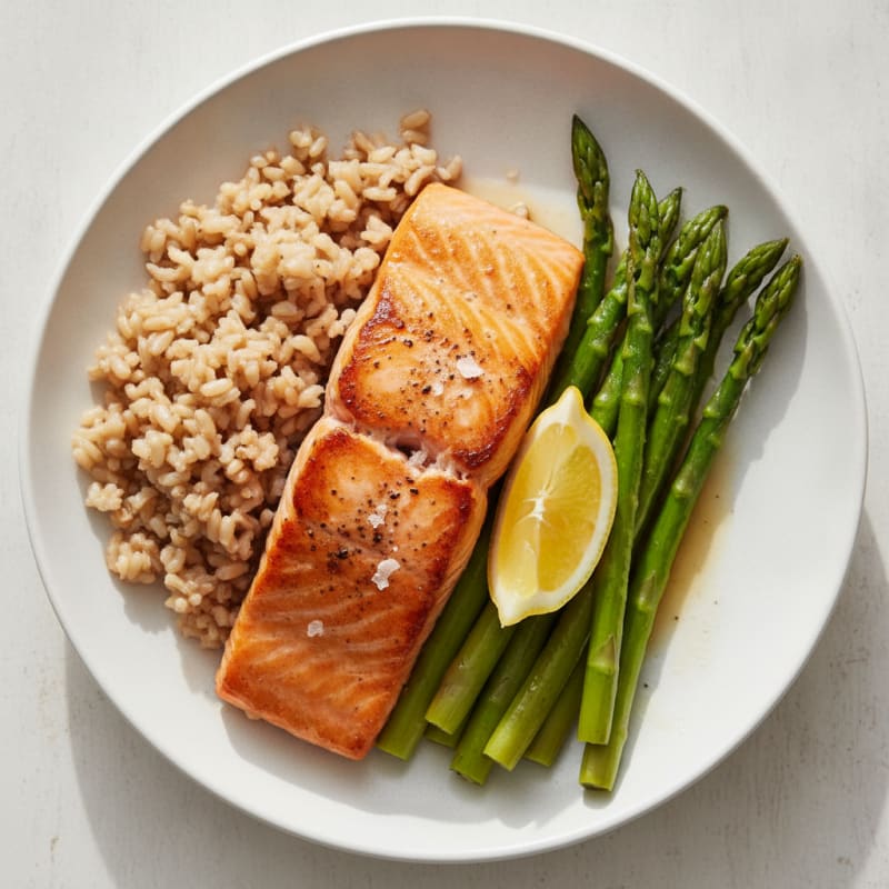 Seared Salmon with Steamed Asparagus and Brown Rice