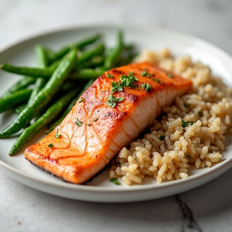 Seared Salmon with Garlic Green Beans and Brown Rice