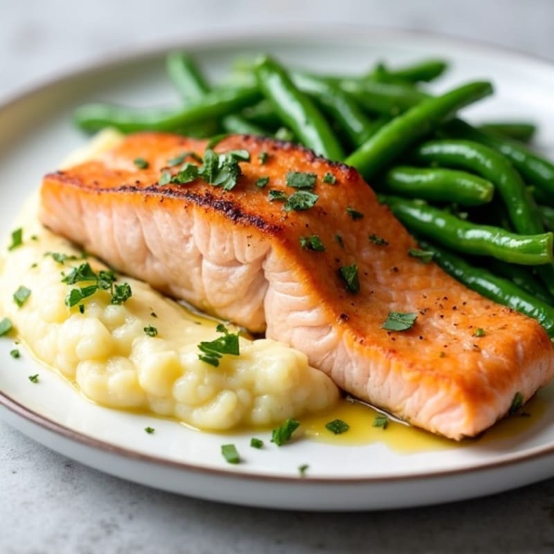 Seared Salmon with Steamed Green Beans and Cauliflower Mash