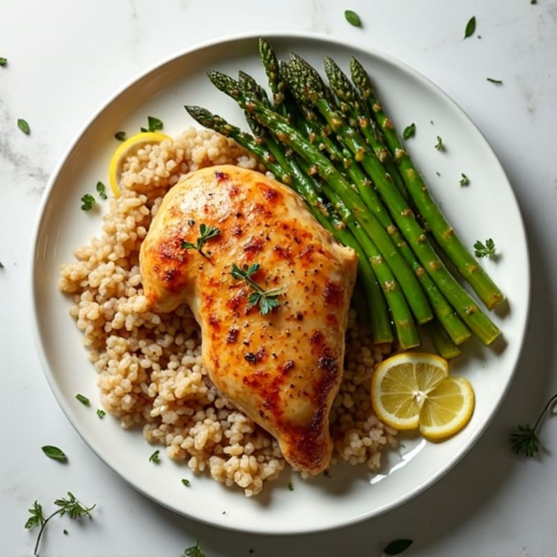 Crispy Lemon-Herb Roasted Chicken with Roasted Asparagus and Fluffy Brown Rice