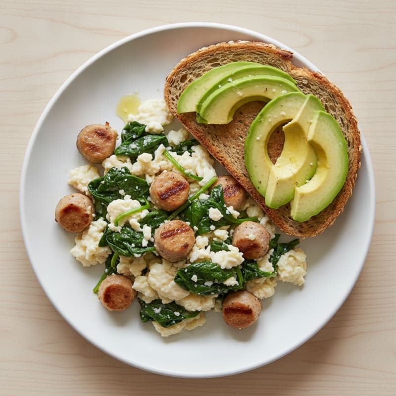 Egg White and Turkey Sausage Scramble with Sautéed Spinach