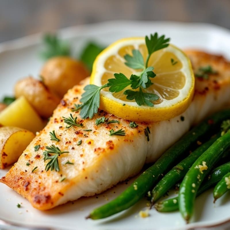 Flaky Lemon-Herb Pan-Seared Basa with Crispy Roasted New Potatoes and Garlic Green Beans