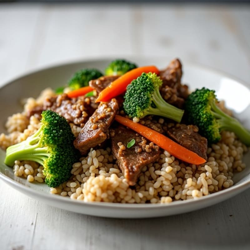 Garlic Ginger Beef with Crispy Broccoli and Brown Rice