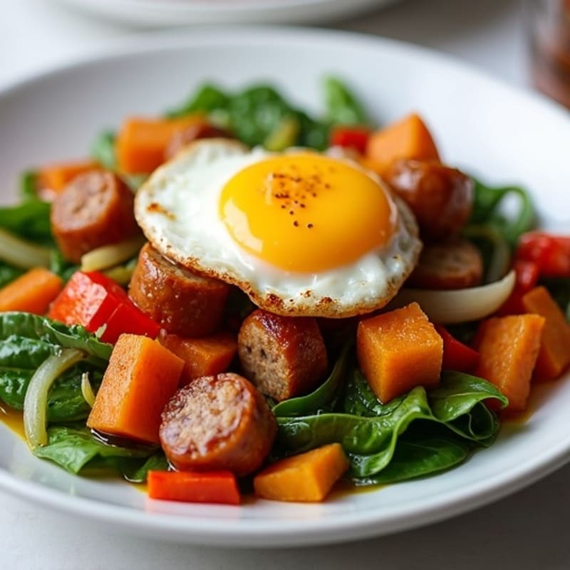 Crispy Sweet Potato and Turkey Sausage Hash with Poached Egg