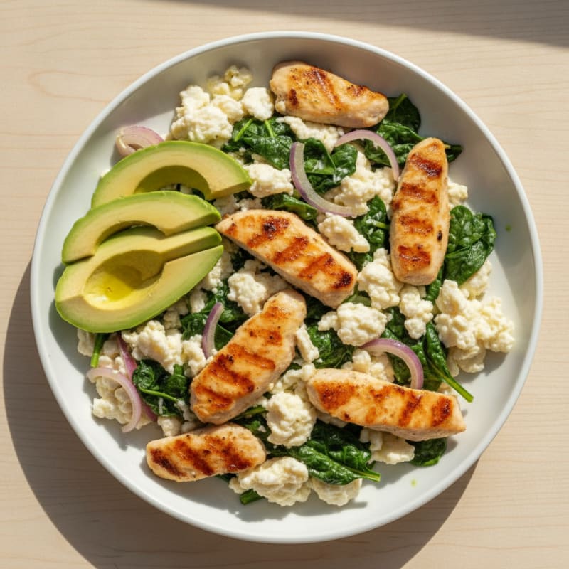 Egg White Scramble with Sautéed Chicken and Spinach