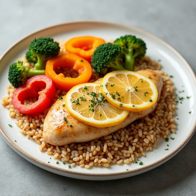 Citrus-Garlic Chicken with Savory Brown Rice and Roasted Vegetables