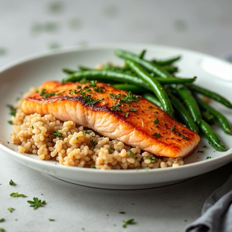 Seared Salmon with Garlic Green Beans and Brown Rice