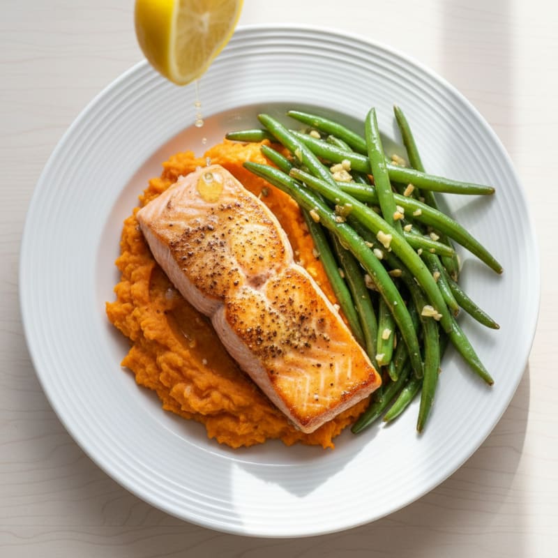 Seared Salmon with Garlic Green Beans and Sweet Potato Mash