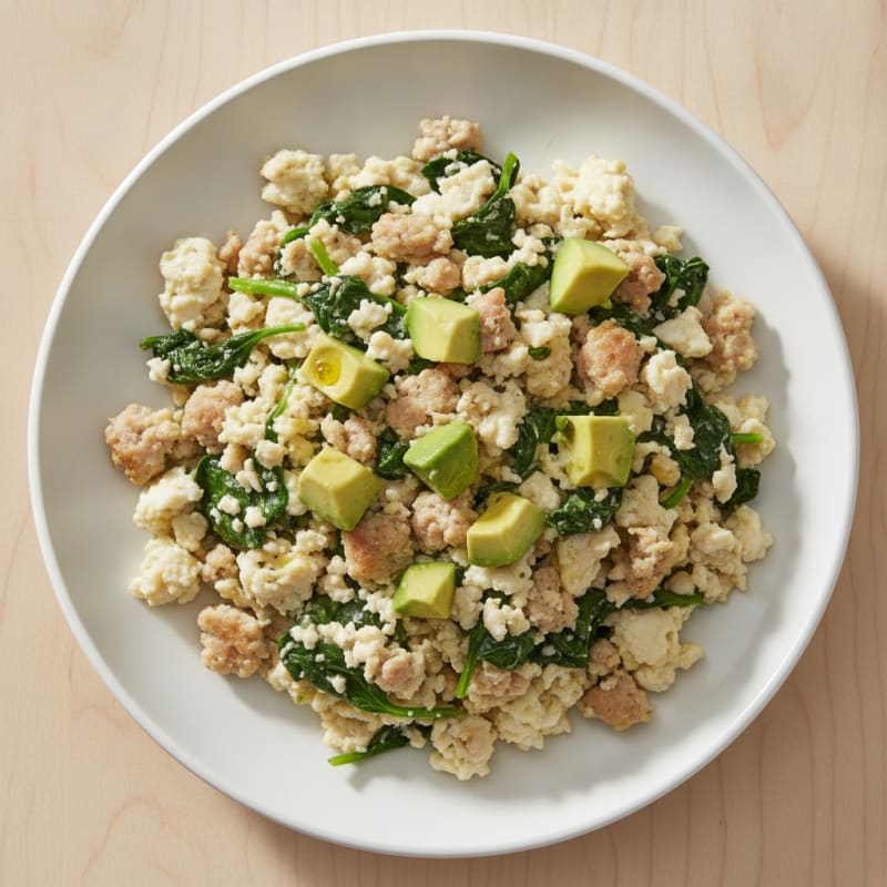 Egg White and Turkey Sausage Scramble with Sautéed Spinach