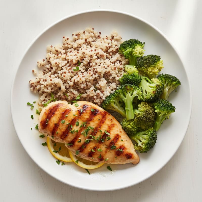 Grilled Chicken Breast with Steamed Broccoli and Quinoa
