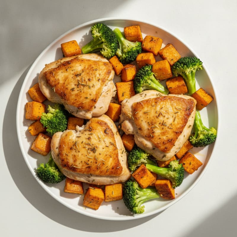 Oven-Baked Herb Chicken Thighs with Roasted Sweet Potato and Steamed Broccoli