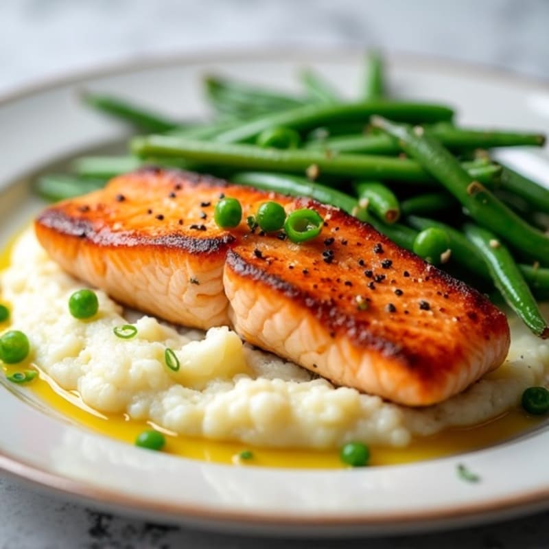 Seared Salmon Fillet with Garlic Green Beans and Cauliflower Mash
