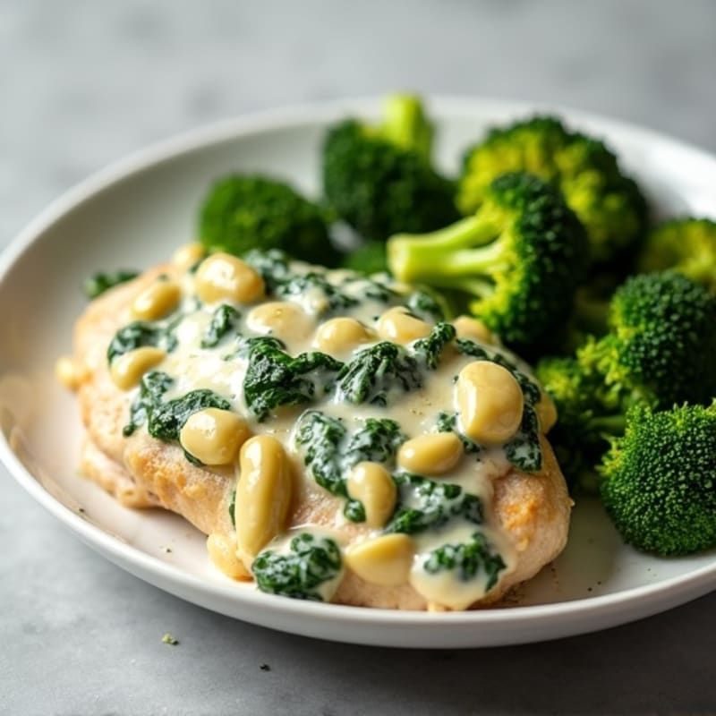 Creamy Spinach Artichoke Chicken and Roasted Broccoli
