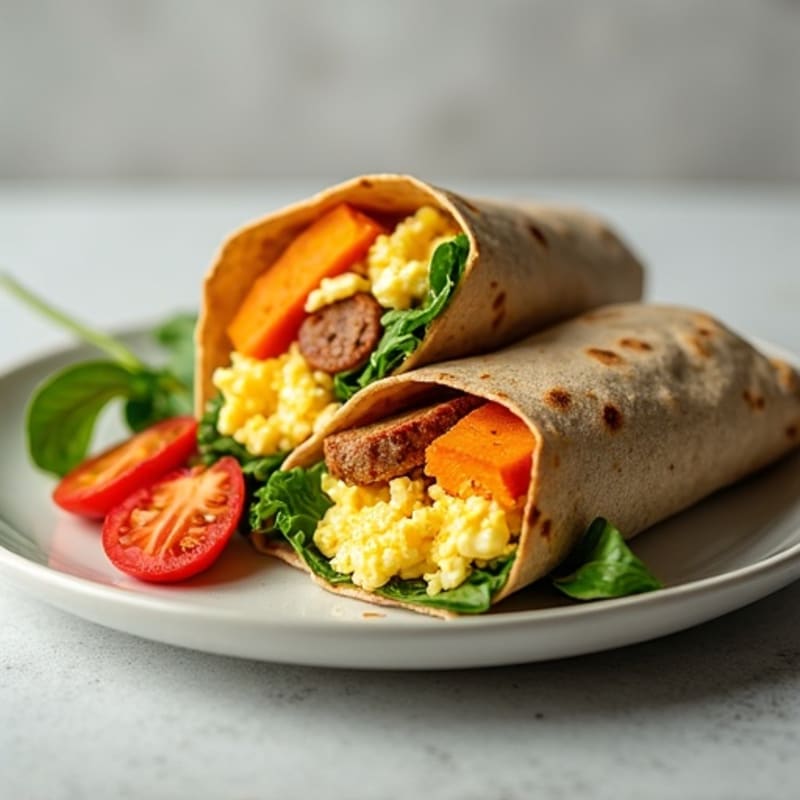 Scrambled Egg, Lean Turkey Sausage, and Roasted Sweet Potato Burrito