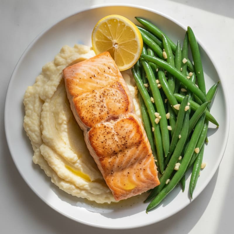 Seared Salmon with Garlic Green Beans and Cauliflower Mash